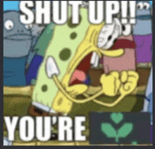 a cartoon of spongebob saying shut up you re