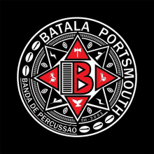 a logo for batala portmouth banda de percussao on a black background