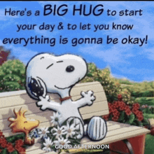 a picture of snoopy and woodstock on a bench with a message that says here 's a big hug to start