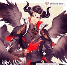 a drawing of a man with horns and wings with the words shall we date below him