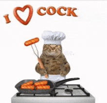 a cat in a chef 's hat is cooking sausages in a frying pan on a stove .