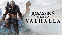 a poster for assassin 's creed valhalla with a man holding a sword