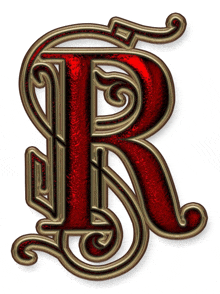 a red letter r with a gold border