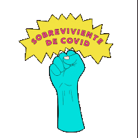 a blue fist is holding a yellow sign that says sobreviviente de covid