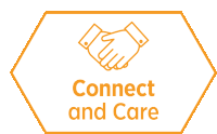 a sign that says connect and care with a handshake icon