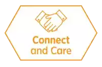 a sign that says connect and care with a handshake icon