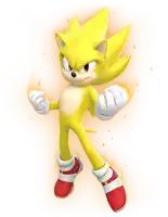 a yellow sonic the hedgehog with red eyes is standing in front of a white background