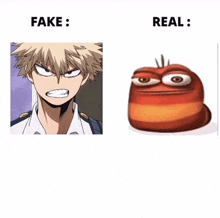 a picture of a man with an angry face next to a picture of a cartoon character that says fake and real