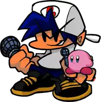 a cartoon character is holding a microphone next to a pink kirby