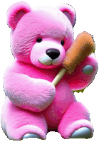 a pink teddy bear is holding a brown stick