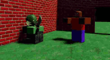 a cartoon character is standing next to a brick wall in a video game .