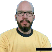 a bald man with glasses and a beard wearing a yellow shirt