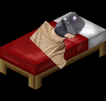 a person wearing a hat with the letter e on it is sleeping in a bed