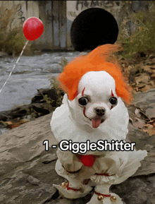 a dog dressed as a clown holding a red balloon with the caption 1- giggleshitter