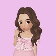 a cartoon girl with long brown hair is wearing a pink dress