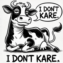 a black and white drawing of a cow with a speech bubble that says i don 't kare