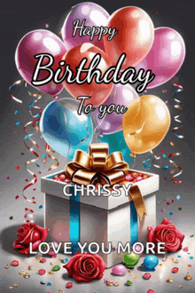 a birthday card for chrissy with balloons and a gift box