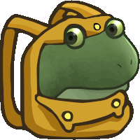 a cartoon frog with a yellow backpack on its back