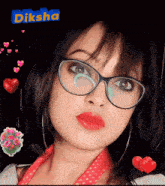 a woman wearing glasses and red lipstick is surrounded by hearts and the word diksha