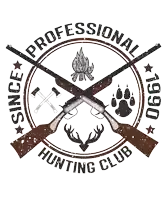 a logo for a professional hunting club with crossed guns and axes