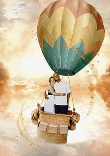 a man and woman in a hot air balloon