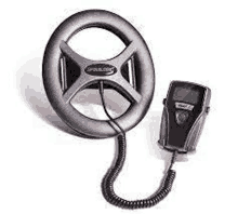 a steering wheel with a cord attached to it and a remote control .