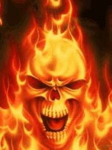 a skull is surrounded by flames and is laughing .