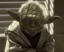 a black and white photo of yoda from star wars standing in front of a window .