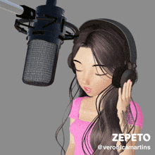 a cartoon girl with headphones and a microphone with the name zepeto on the bottom