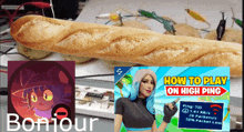 a picture of a baguette next to a picture of a girl with blue hair