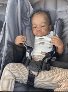 a baby is sitting in a stroller wearing a bib with animals on it