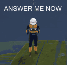 a video game character is standing on top of a grassy hill and says answer me now