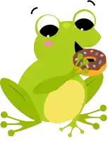 a frog is holding a donut with sprinkles in its mouth