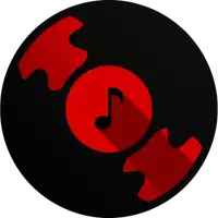 a black circle with a red music note inside of it