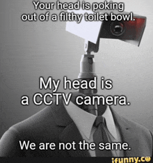 a man in a suit has a cctv camera on his head