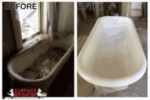 a before and after photo of a bathtub that has been cleaned and painted .