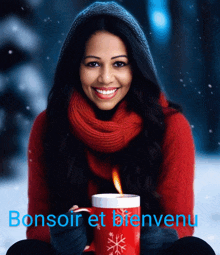 a woman in a red sweater and scarf holds a red mug with a snowflake on it and the words bonsoir et bienvenu