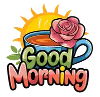 a cartoon illustration of a cup of tea with a rose and the words " good morning "