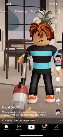 a screenshot of a roblox video that shows a boy holding a vacuum cleaner