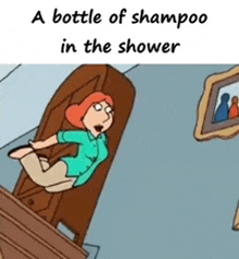 a cartoon of a woman falling down a staircase while holding a bottle of shampoo in the shower .