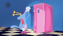 a cartoon character drinking water from a pink fridge