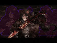 a man with a bloody sword in his mouth is surrounded by a purple background with the letters ei on it