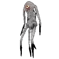 a cartoon drawing of a monster with a large eye and long legs .