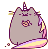 a cartoon cat with a unicorn horn on its head eating a cookie