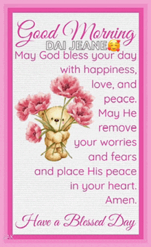 a good morning card with a teddy bear holding a bouquet of pink flowers