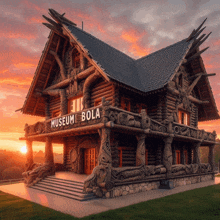 a large wooden house with the words museum bola on the side