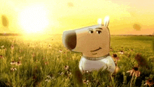 a cartoon dog is standing in a field of flowers with the sun shining behind it .