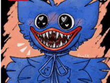 a cartoon drawing of a blue monster with big teeth and hearts on its face .