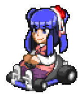 a pixel art of a girl with blue hair and a red and white bow