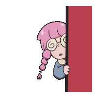 a cartoon girl with pink hair and glasses is peeking out from behind a wall .